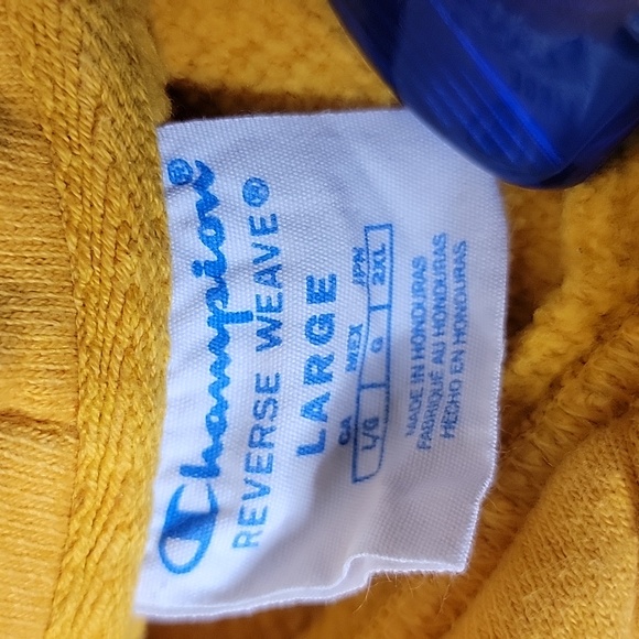 Champion Reverse Weave Flock Script Sleeve Hoodie Size Large Gold and Blue - Picture 7 of 7